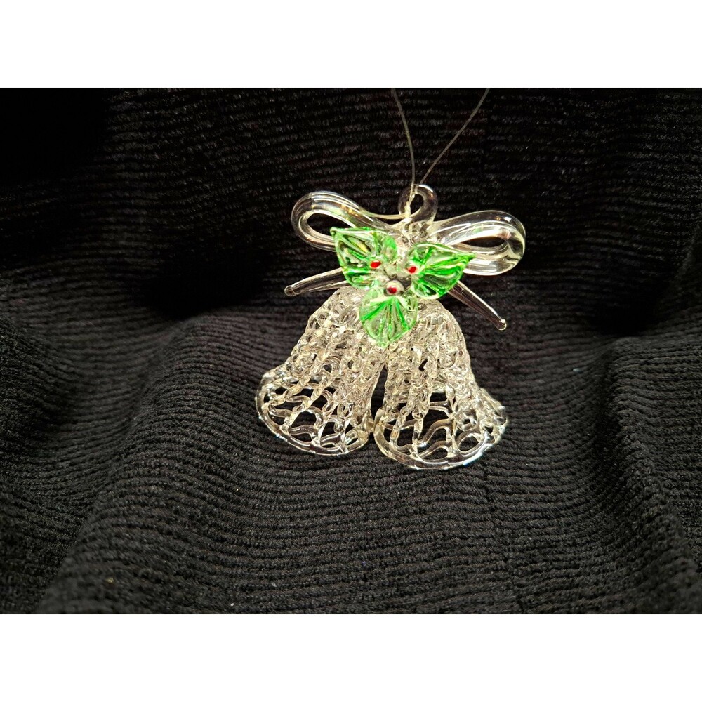 Vintage Spun Glass Christmas Bell Ornament Holly Bow Clear Green Red 2.5" Decor